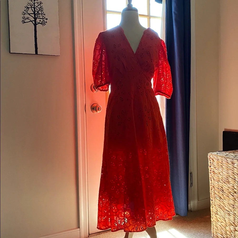 Maggy London Red Puff Sleeve Midi Dress - Picture 2 of 5